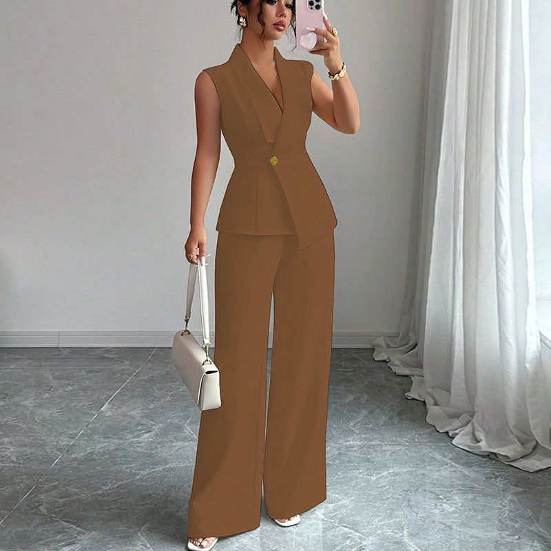 Solid Color Vest and Straight-Leg Trousers Suit for Women