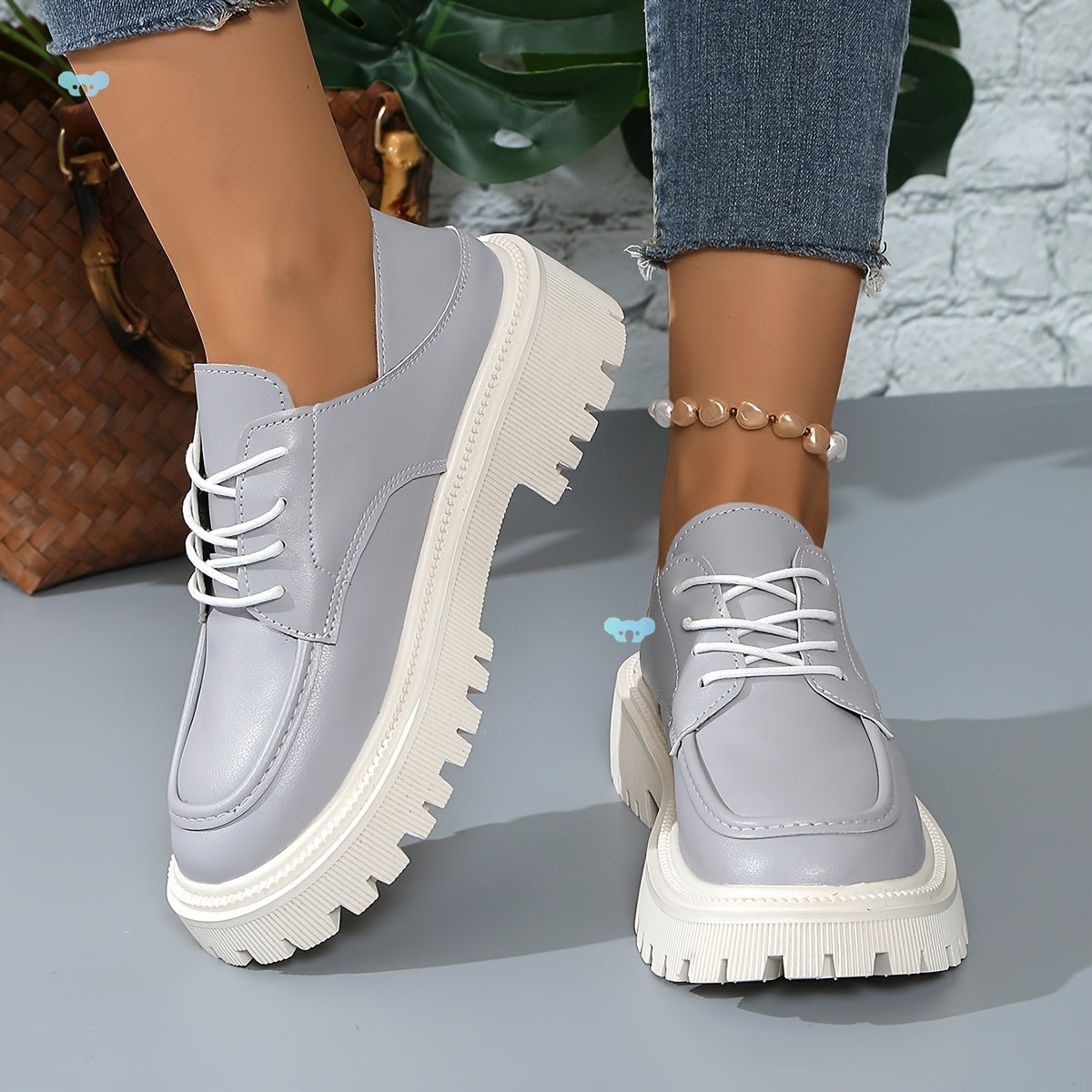 Light Gray Lace-Up Platform Oxfords for Women