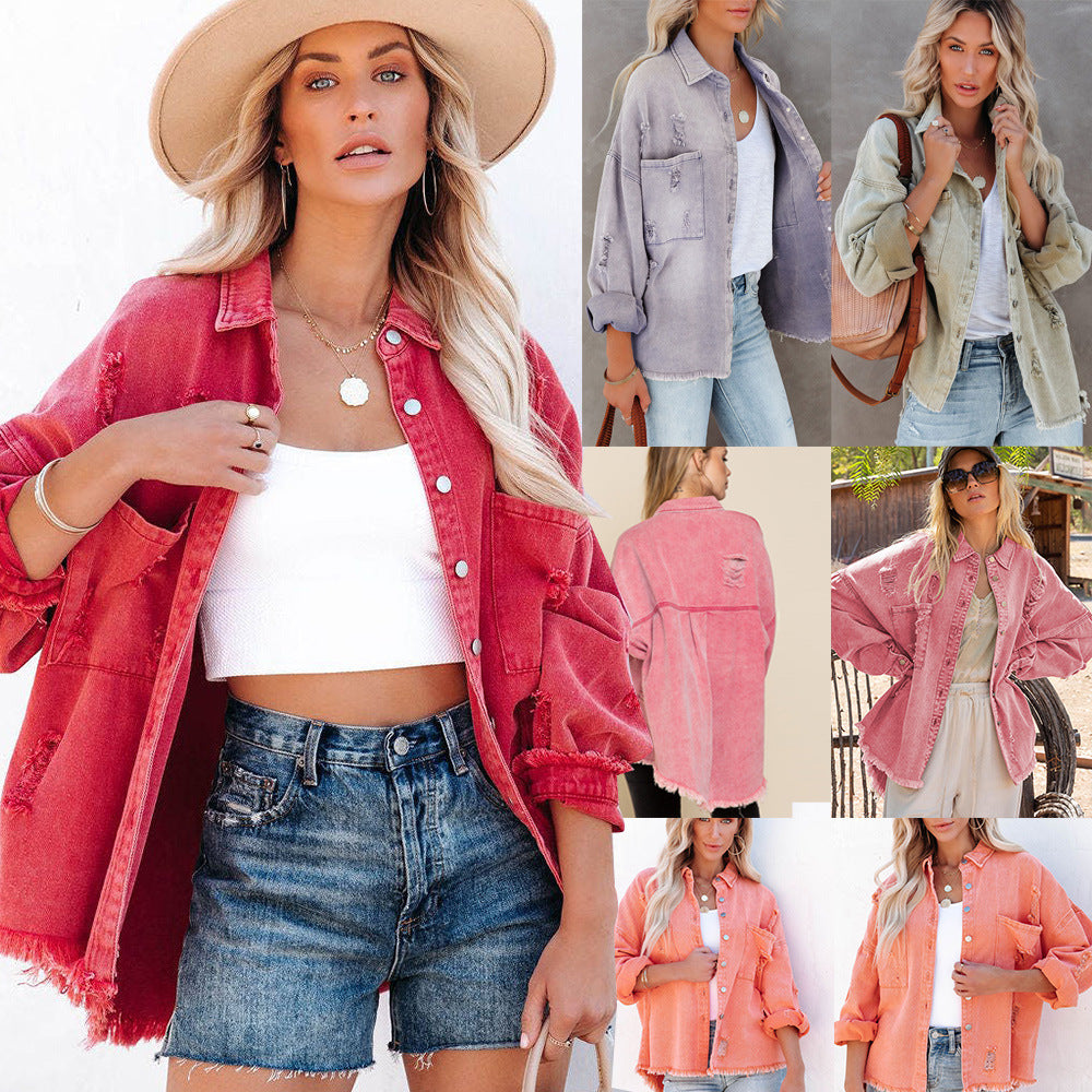 Veste en jean mi-longue déchirée à ourlet brut pour femme