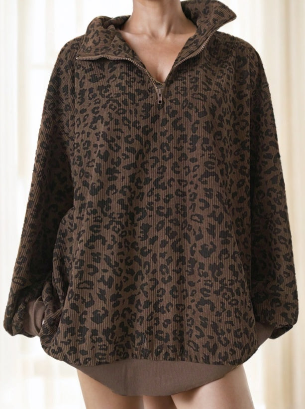 Women’s Casual Leopard Print Zip-Up Long Sleeve Sweatshirt