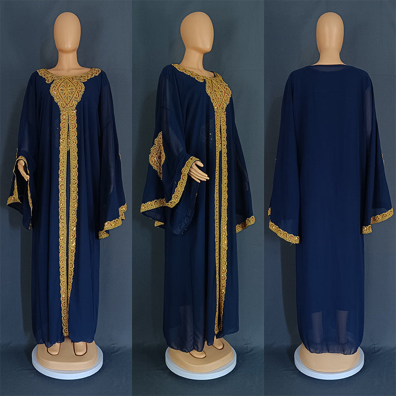 Bell Sleeve Embroidered Gold Lace Arabian Gulf Dress