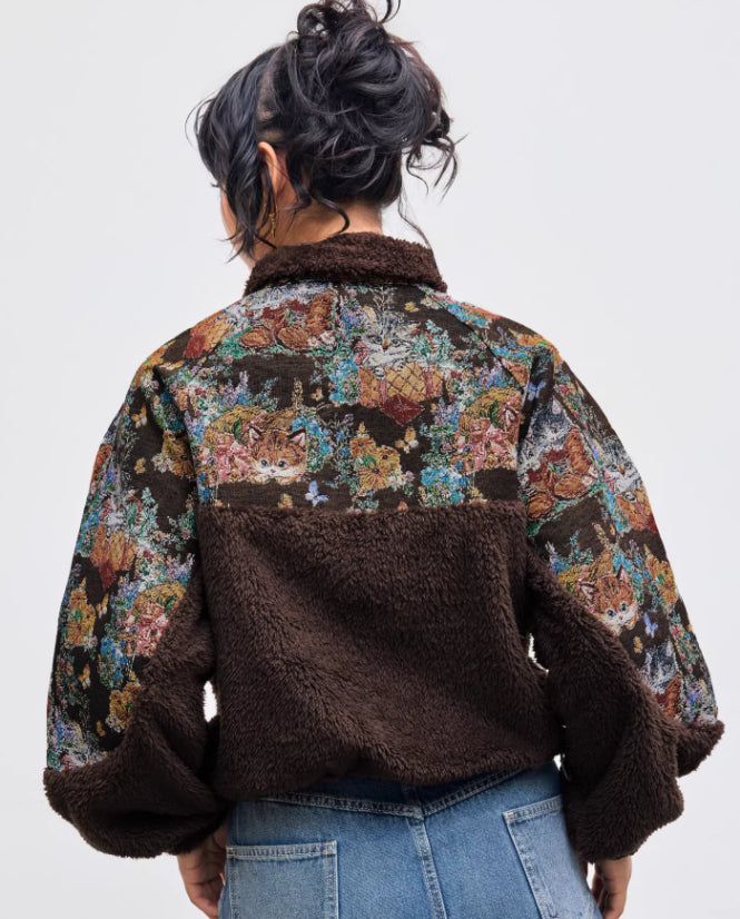 Sweat à capuche à col rabattu pour femme, motif chat floral