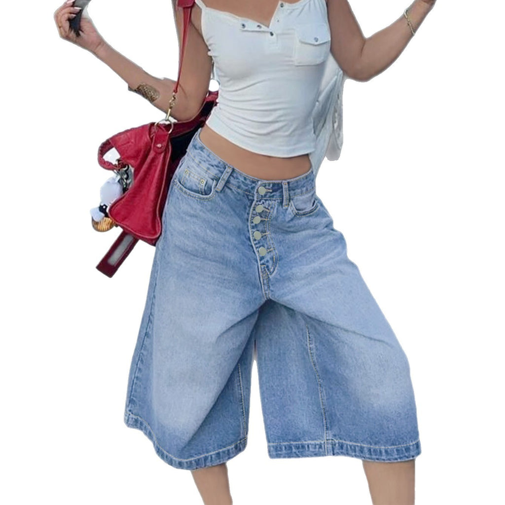 Multi-Breasted Mid-Waist Denim Shorts in Light Blue, Black & Blue