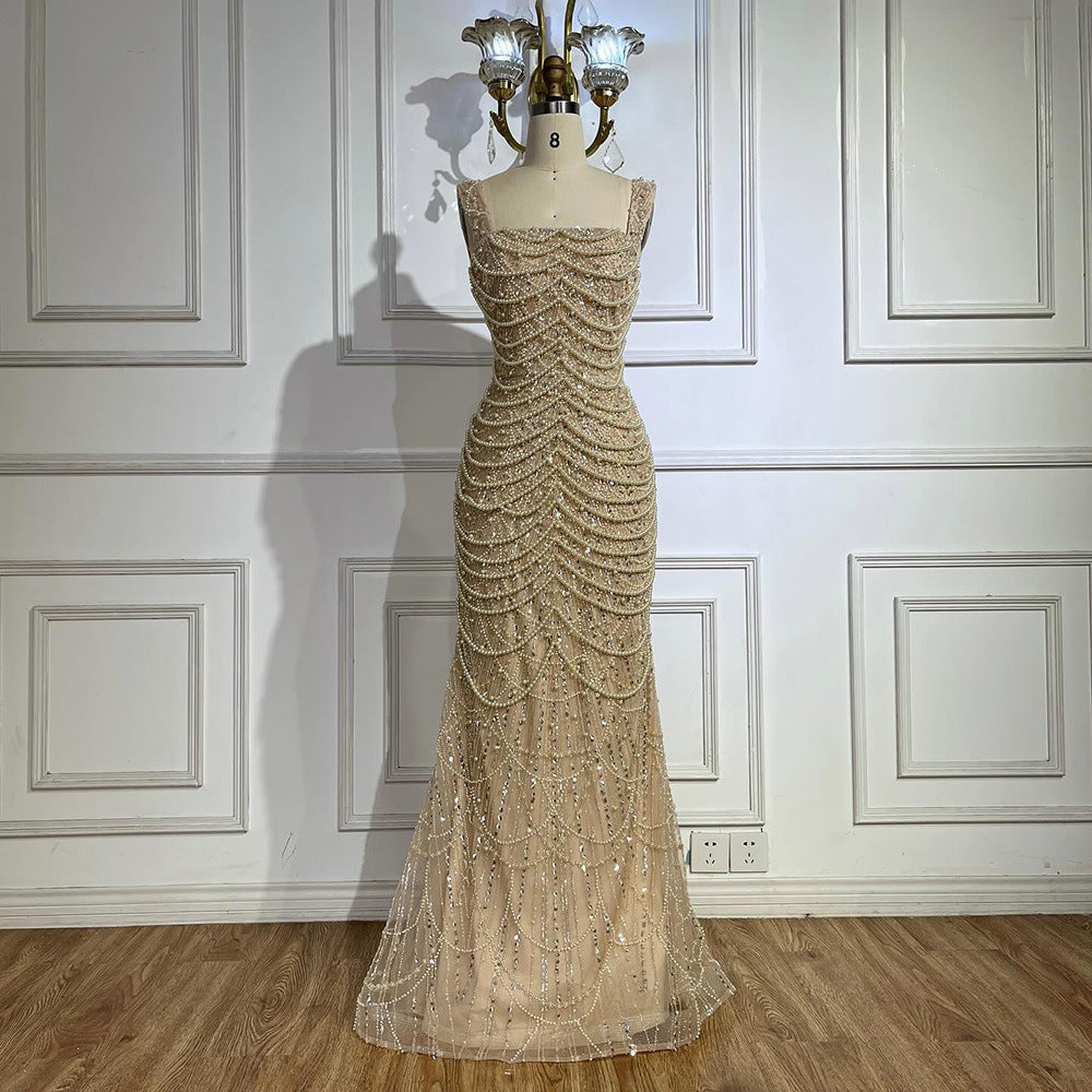 Nude Elegant High-End Pearl Beaded Sling Dress