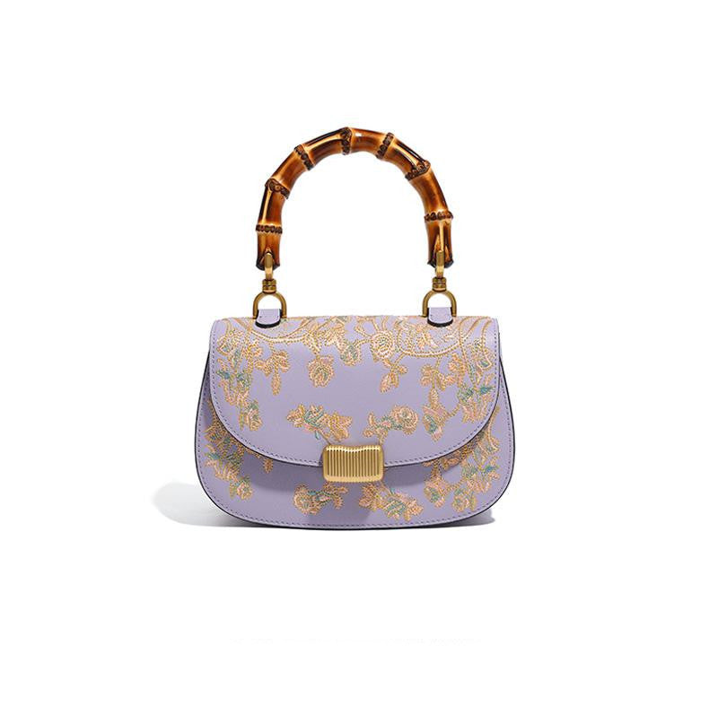 Cowhide Embroidered Bamboo Handle Ladies Handbag