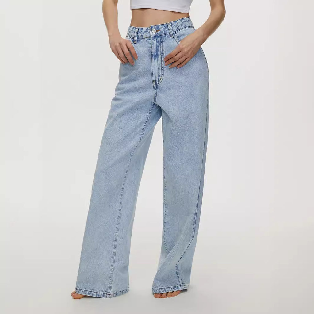Women's Light Blue High Waist Loose Straight Denim Trousers