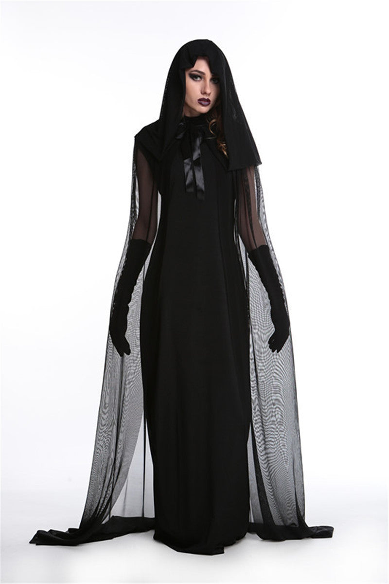 Nouvelle robe longue noire de cosplay pour Halloween, femme, costume de sorcière, diable, vampire, mort, enfer, opéra, fête, cosplay, Jour des Morts, costume