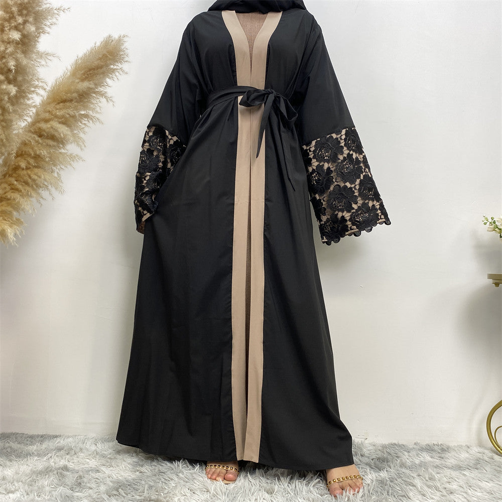 Plus Size Black Lace Cuffs Patchwork Long Sleeve Lace-Up Cardigan Robe for Women