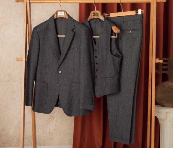 Retro Herringbone Wool Slim Fit Men's Winter Suit Set