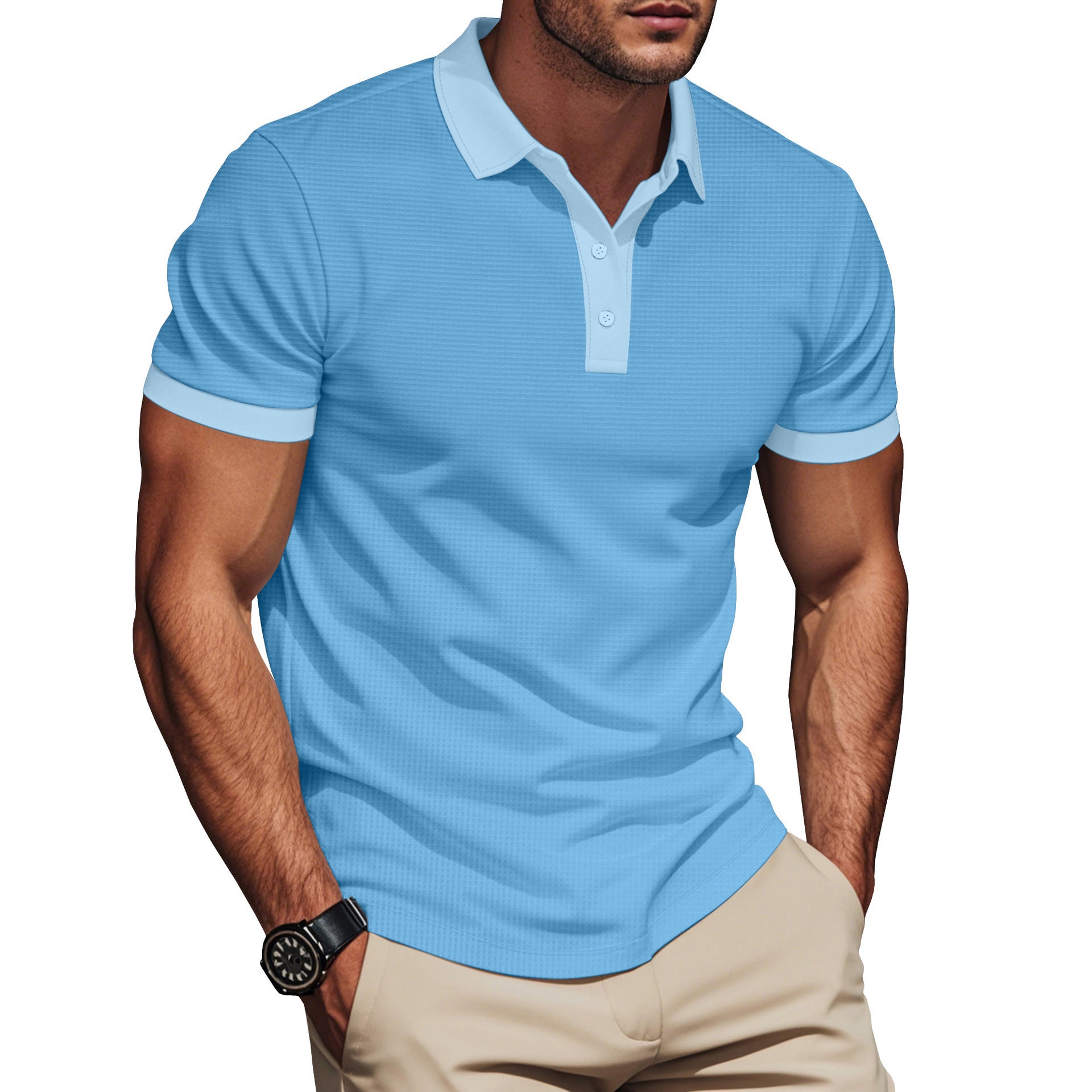 Plus Size Men’s Short Sleeve Pullover with Lapel Color Match