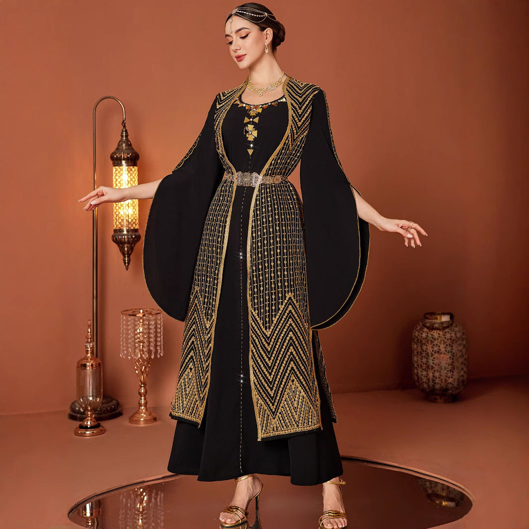 Robe deux pièces noire brodée d'or style arabe vintage