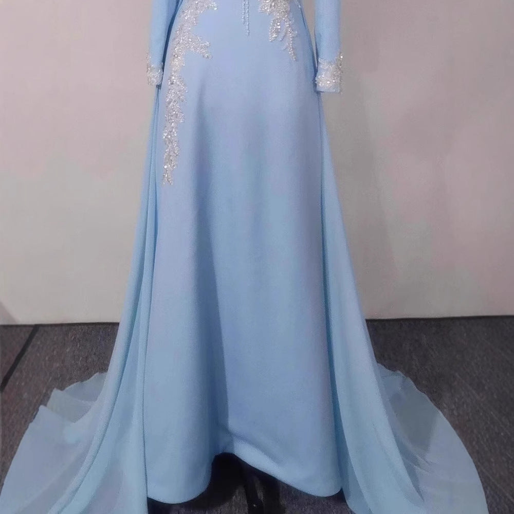 Robe longue en polyester bleu clair de luxe à manches longues et taille haute pour femme