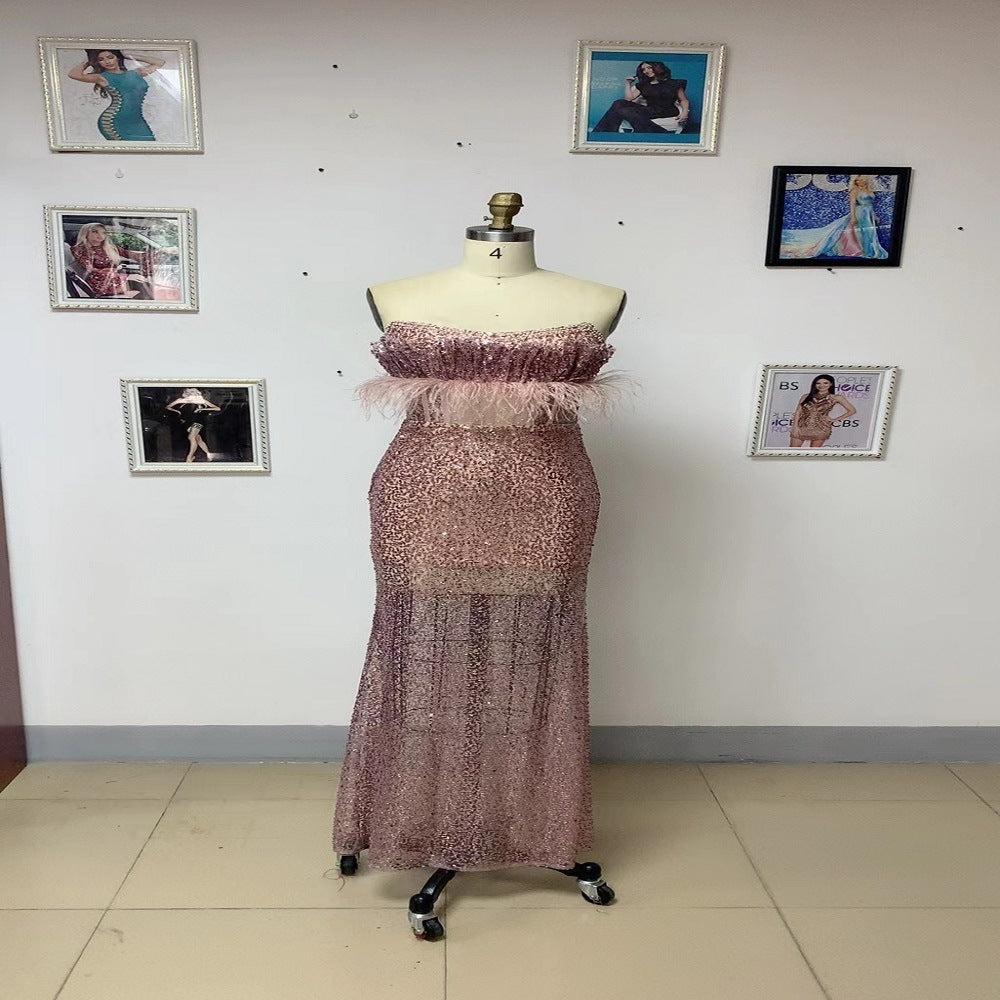 Robe bustier en polyester à sequins roses taille mi-haute pour femme