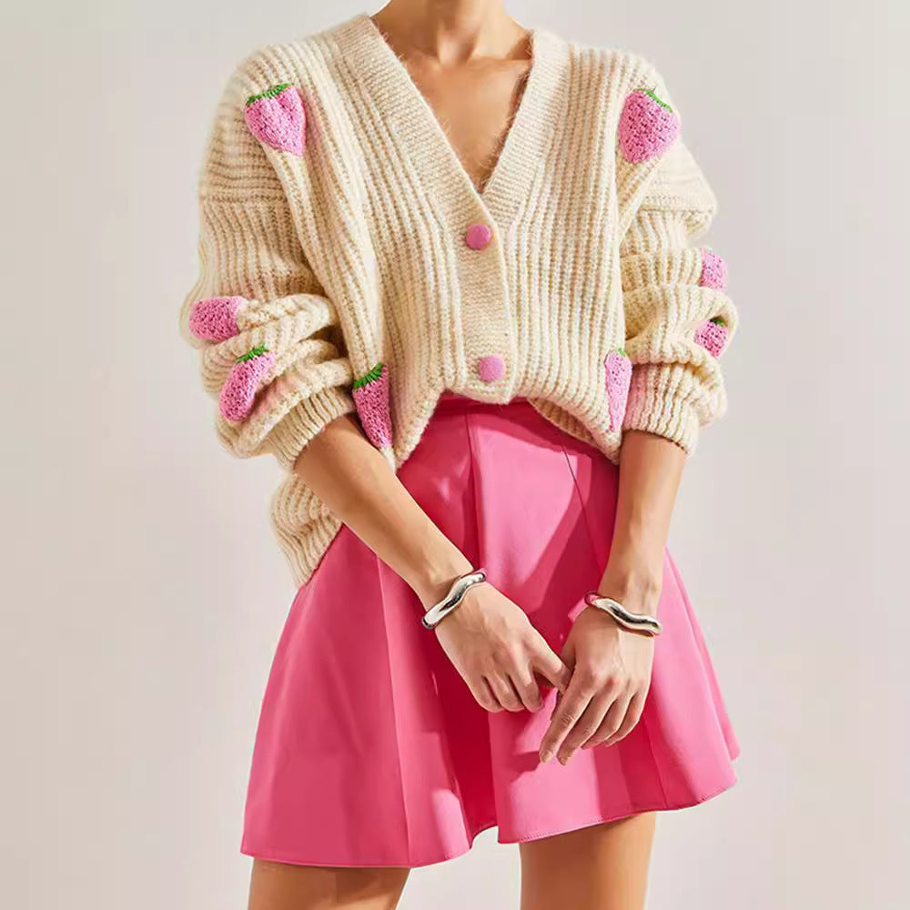 Beige V-Neck Cardigan Sweater with Strawberry Crochet Flowers