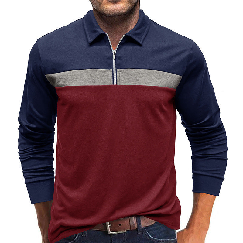 Men's Autumn Winter Lapel Colorblock Polo Shirt with Zipper Detail