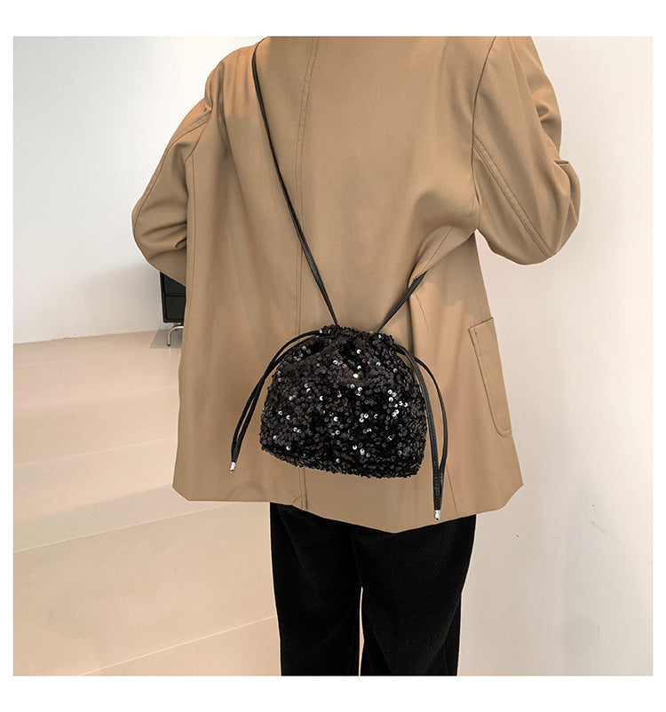 Crossbody Drawstring Pleated Design Soft Color Sequin Bag