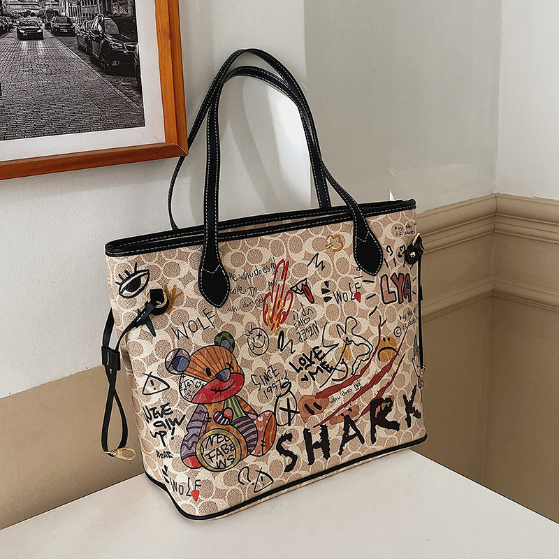 Printed Bear Graffiti Handbag Large Capacity Versatile
