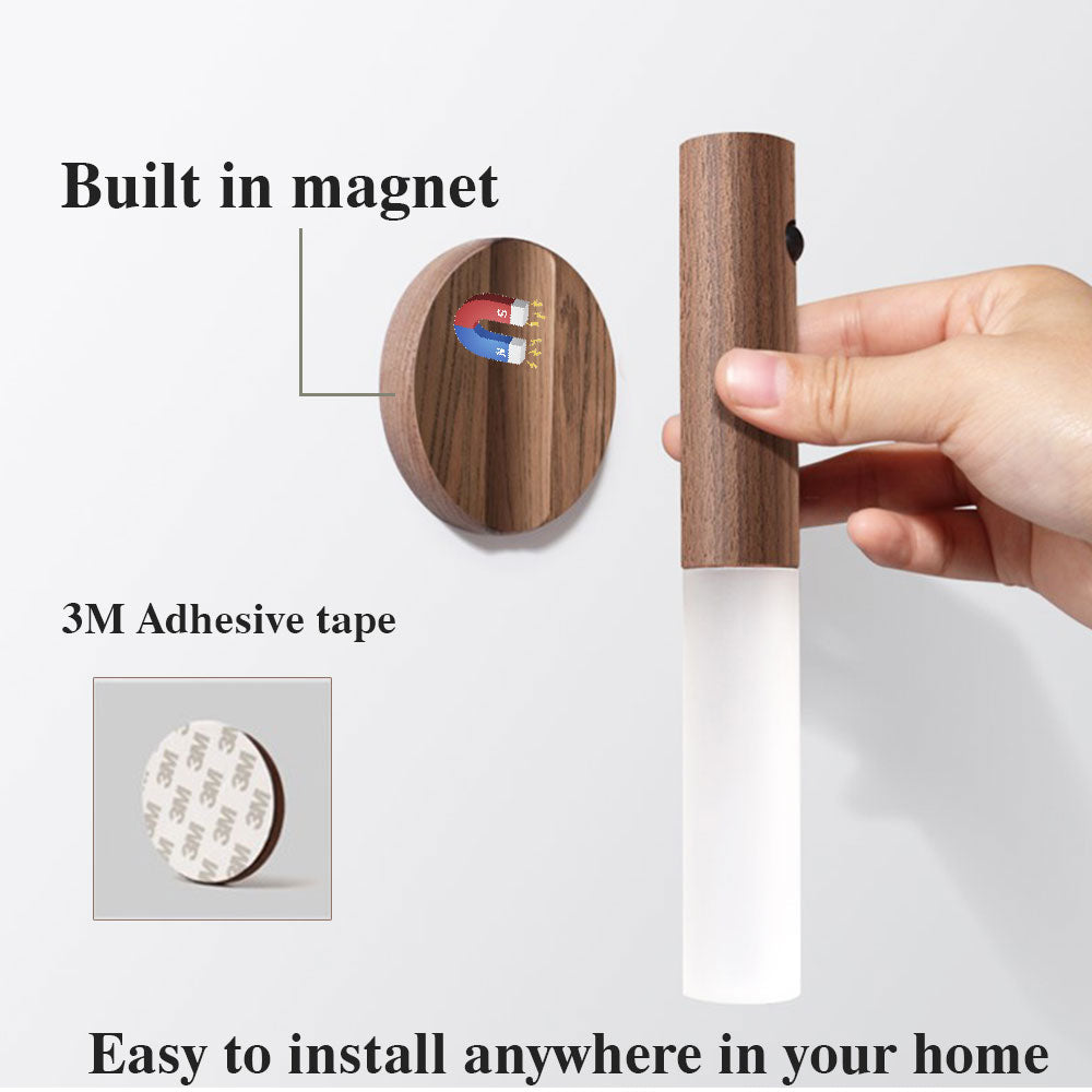 Auto LED USB Magnetic Wood Wireless Night Light with Motion Sensor for Wall & Cabinet