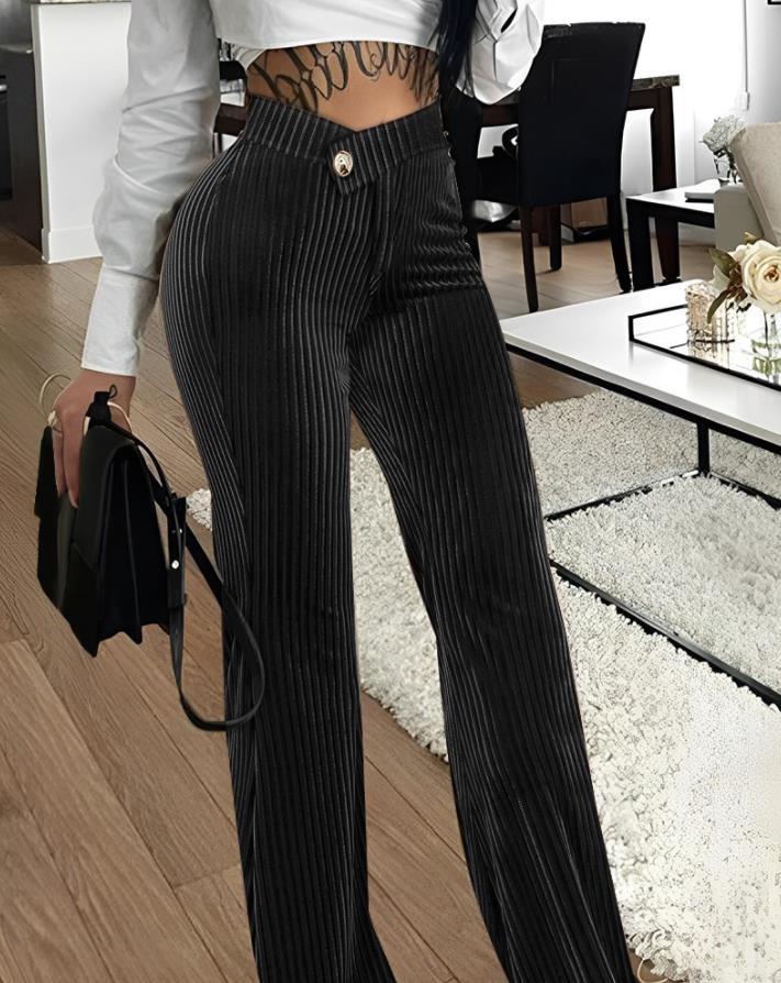 Gold Velvet Striped Casual Women's Pants