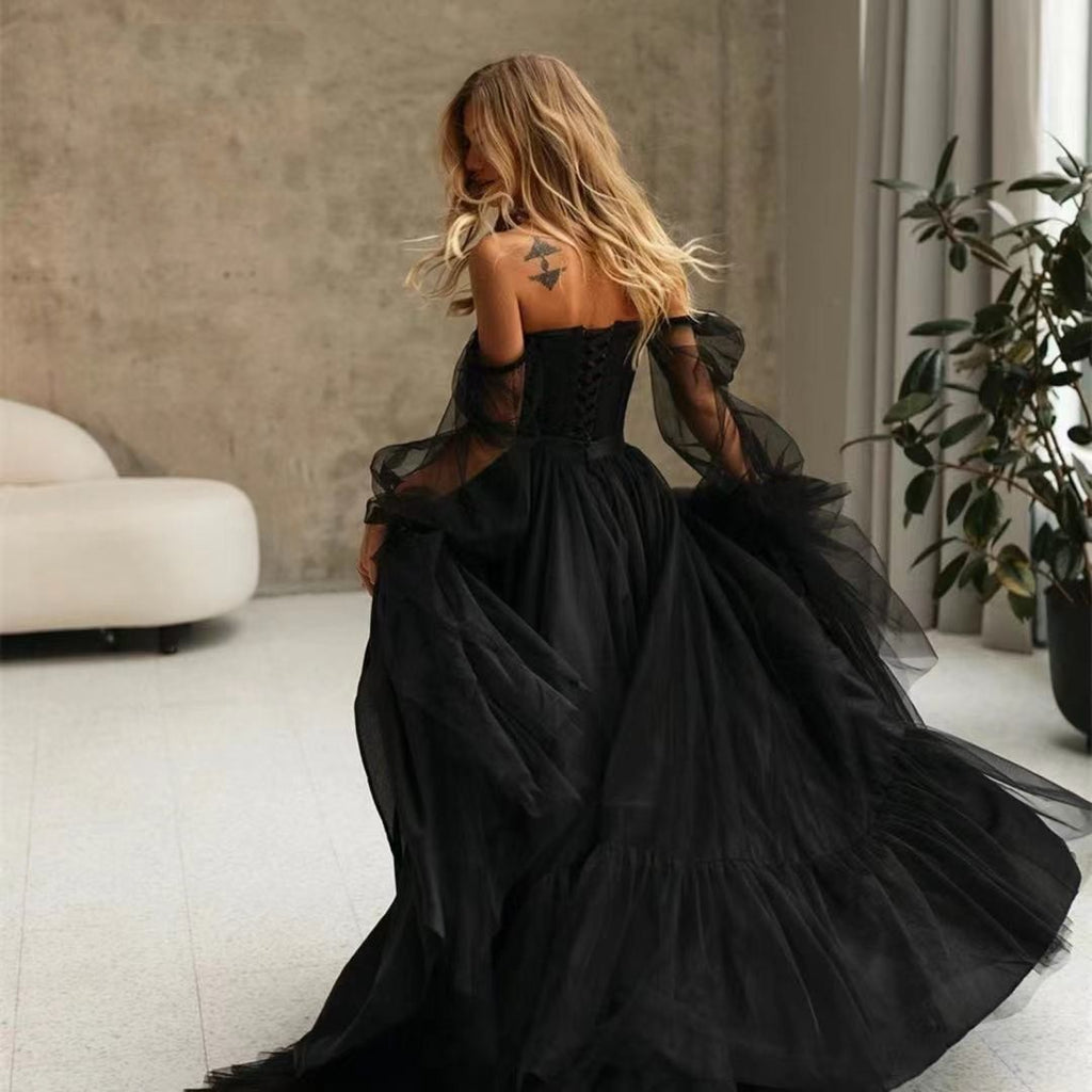Women's Black Long Sleeve Transparent Lace Wedding Dress