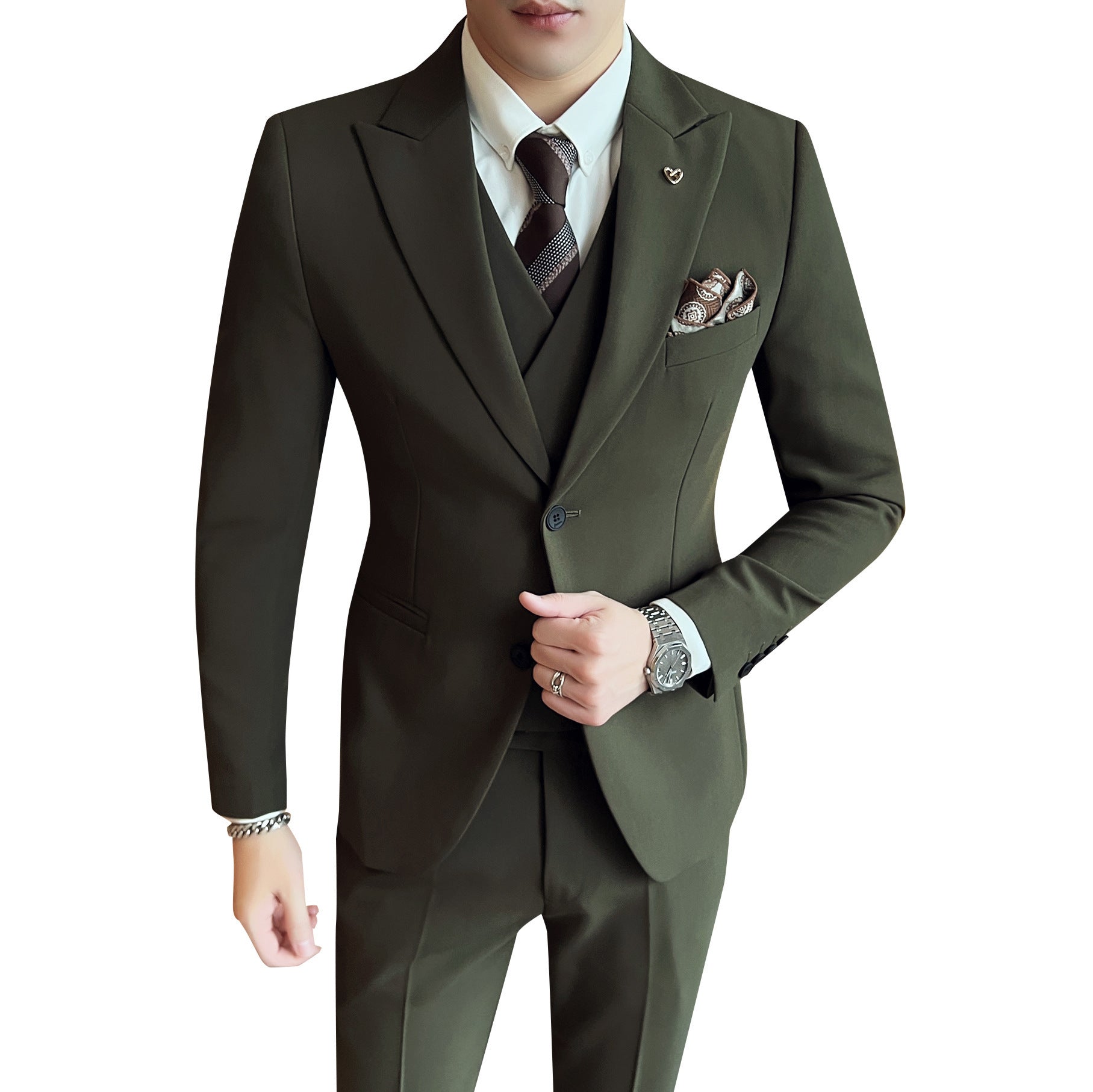 Costume trois pièces coupe slim à double boucle et couleur unie