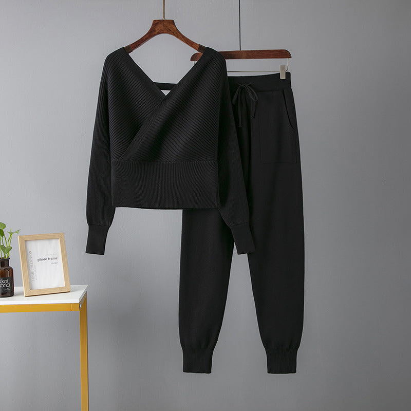 Sexy V-Neck Sweater and Casual Sports Pants Two-Piece Set for Women