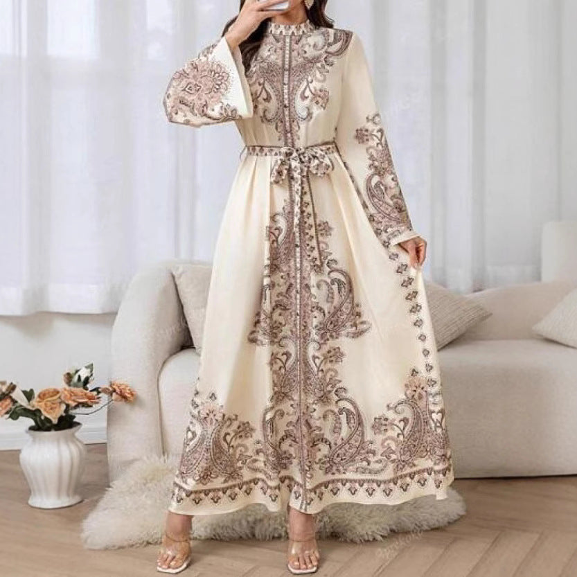 Ivory White Wavy Edge Retro Middle Eastern Lantern Sleeve Dress