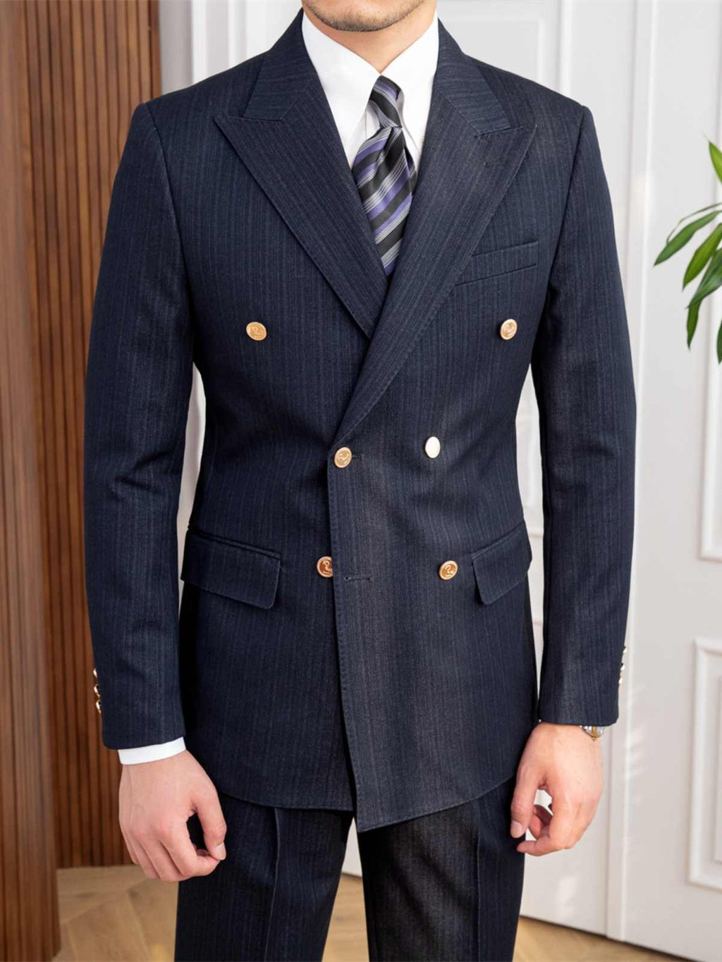 Autumn Double Breasted Slim Fit Striped Suit