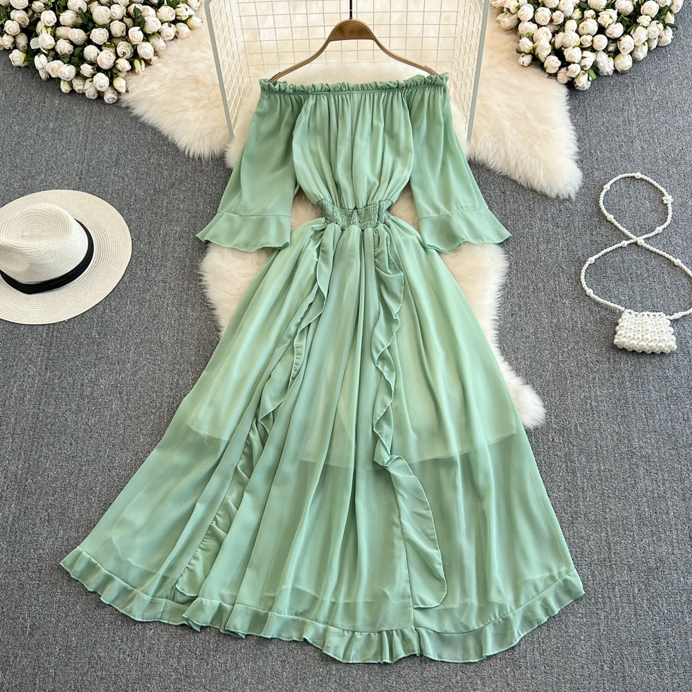 Off-the-shoulder Ruffled Chiffon Dress