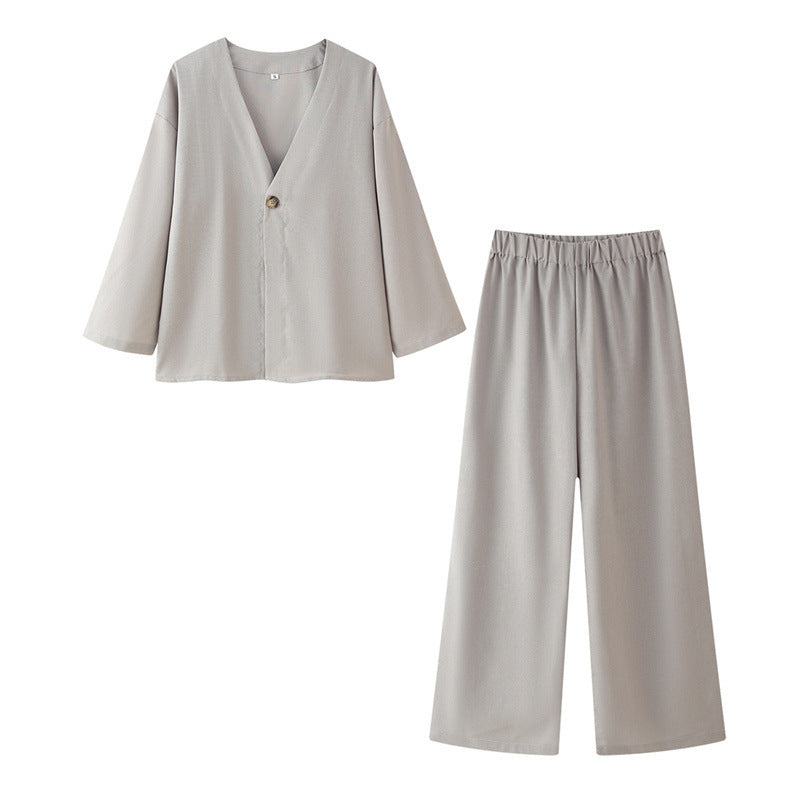 Cotton And Linen Casual Loose V-neck Solid Color Two-piece Set