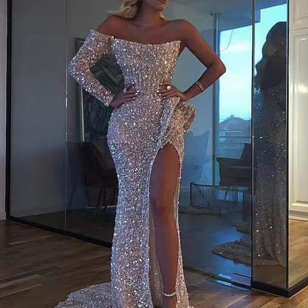 Robe longue à sequins, épaules dénudées, pour femme, en blanc et or champagne