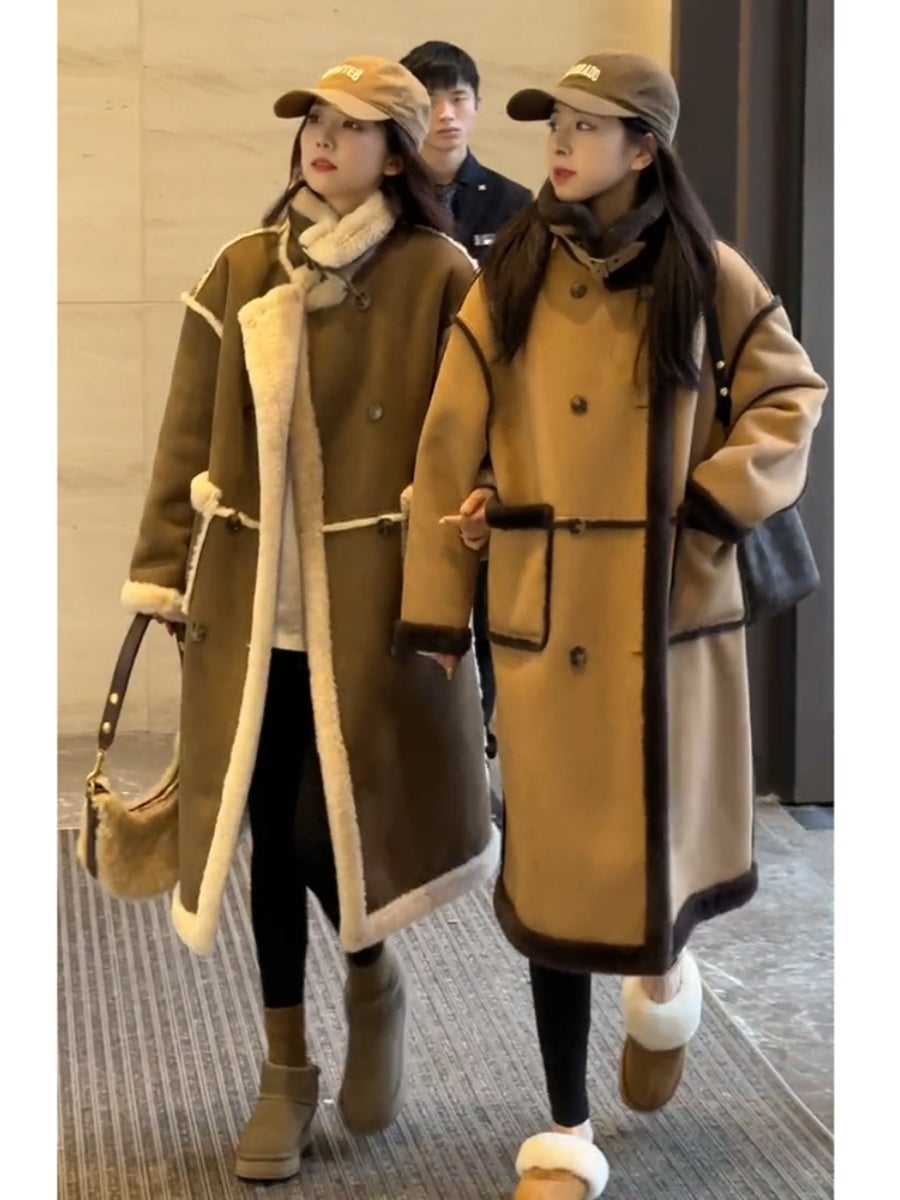 Manteau long ample d'hiver en laine d'agneau et cachemire double face pour femme avec particules de fourrure