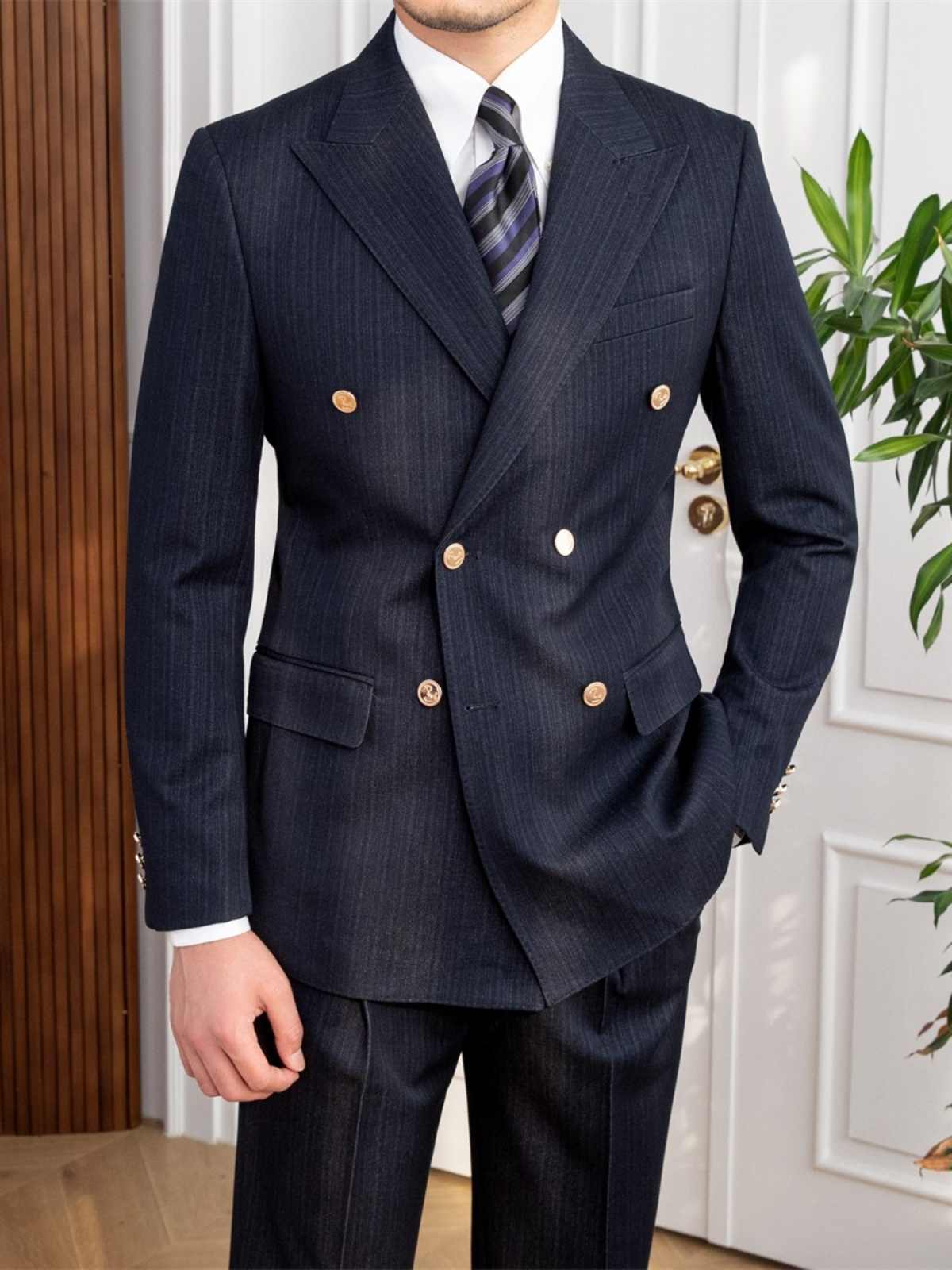 Autumn Double Breasted Slim Fit Striped Suit