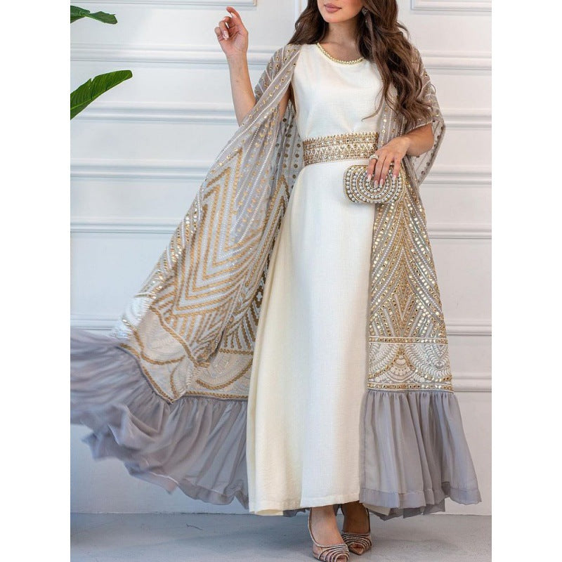 Printed Tape Belt Two-piece Abaya for Arabian Women