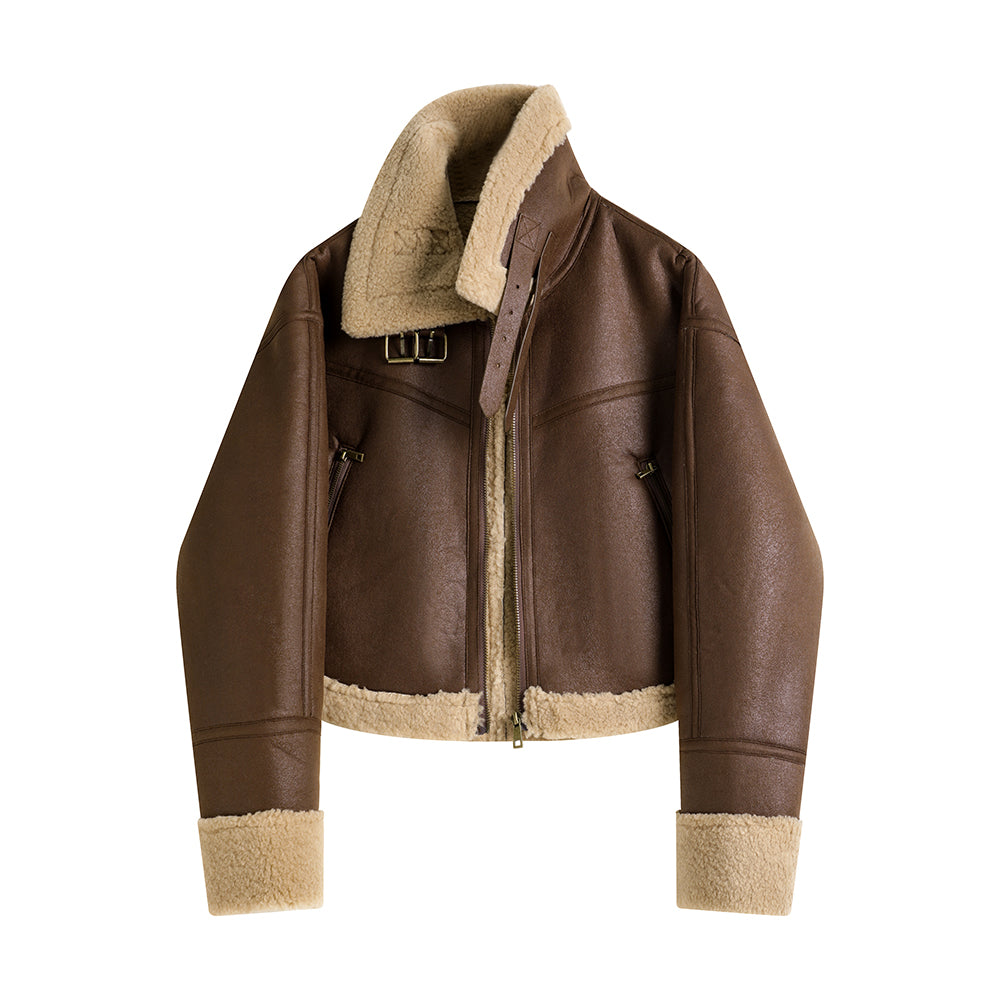Stand Collar Integrated Lamb Fur Short Coat in Black & Coffee with Zipper Closure