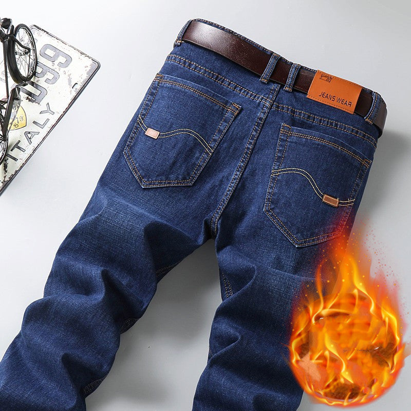 Men's Loose Straight Fit Jeans with Plush Lining for Autumn and Winter