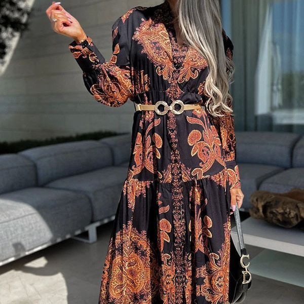 Casual Geometric Print Slit Long Dress