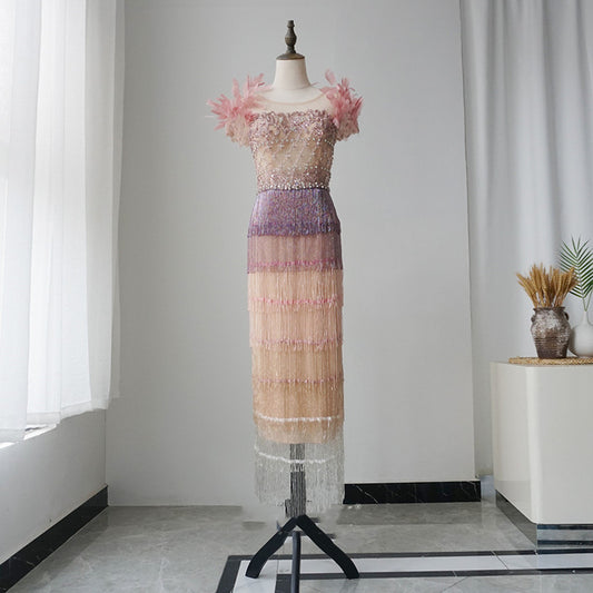 New Feather Mid Length Crystal Evening Dress