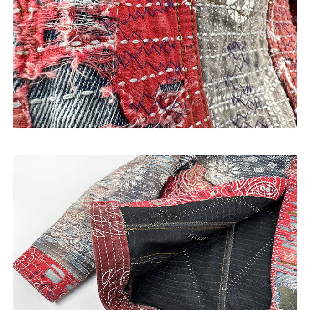 Red Cashew Flower Denim Jacket with Lapel Collar