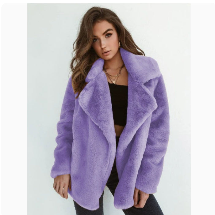 Plush Lapel Woolen Coat for Women - Casual Loose Fit