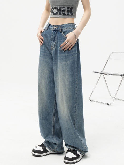 Women's Retro Blue High Waist Wide Leg Denim Jeans