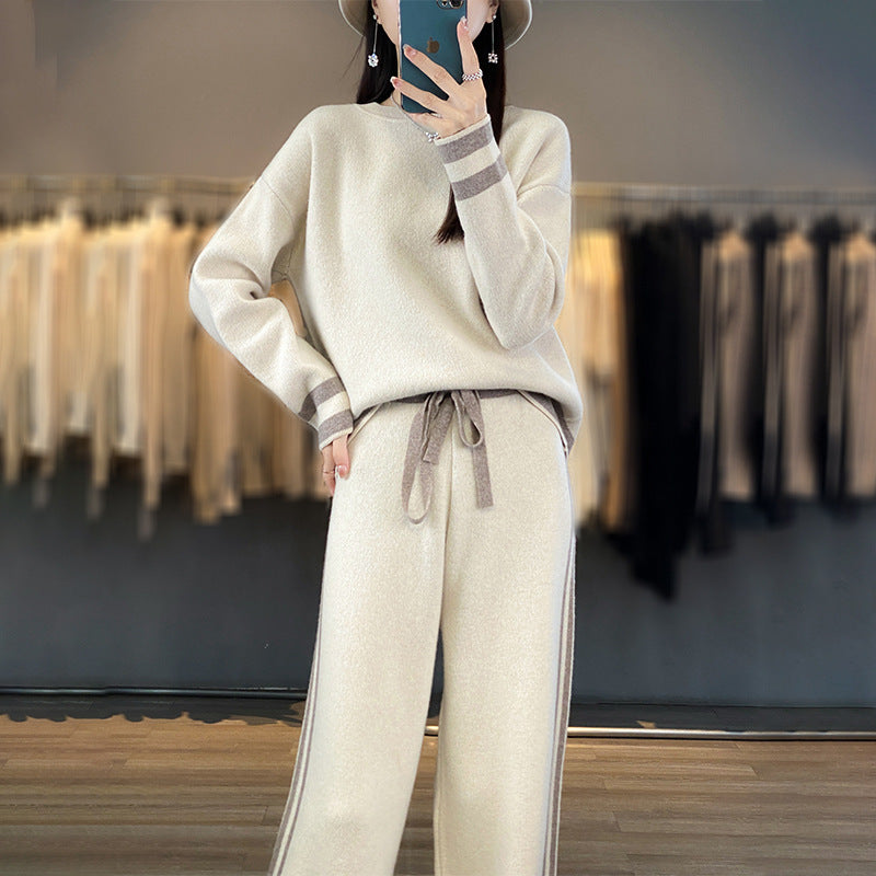 Wool Knit Sweater & Wide Leg Pants Set Casual Lounge Suit