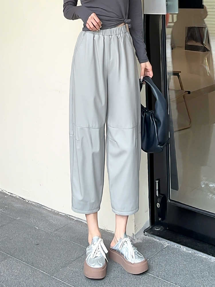 Women's Casual Wide-Leg Leather Trousers