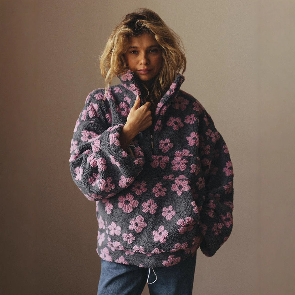 Sweat-shirt pull en agneau avec fermeture éclair et grande poche motif fleurs d'hiver