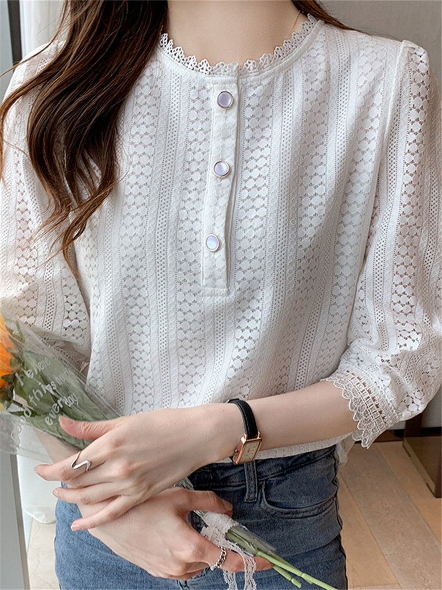 Women's Slim And Western Style Three-quarter Sleeve White Lace Top