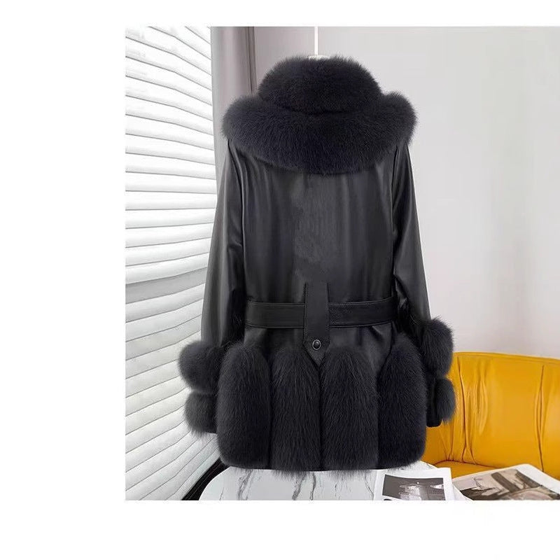 Thick Mid-Length Faux Fur Leather Coat with Fur Collar