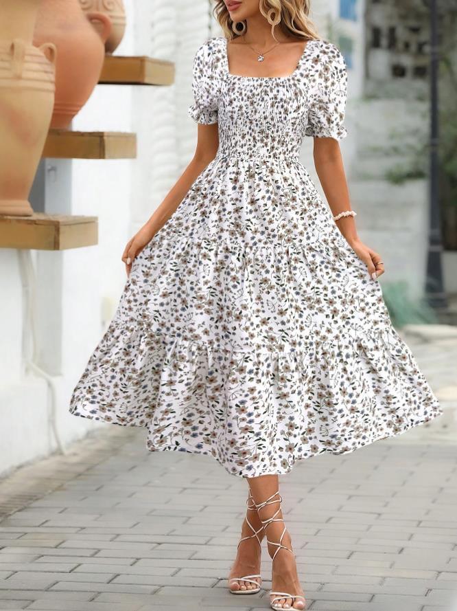 Robe Étagée Imprimé Floral Col Carré Manches Bouffantes