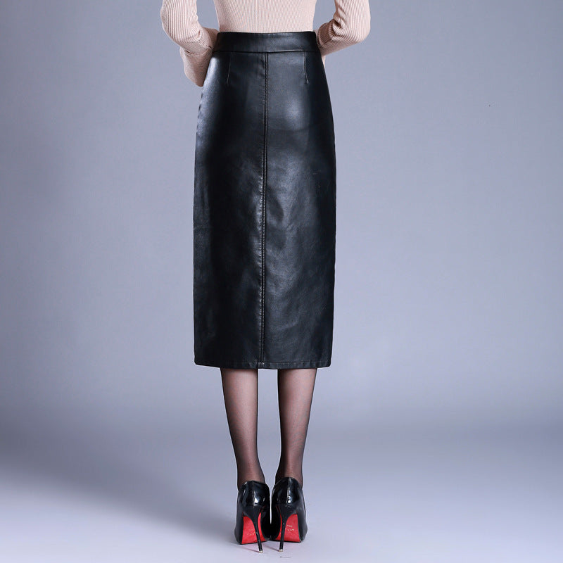 Korean PU Leather Slit Straight Wrap Skirt in Black & Leopard Print