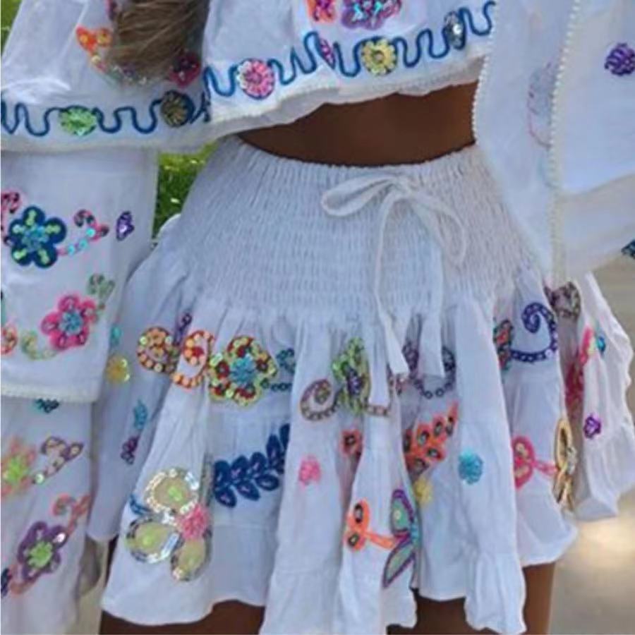 Ensemble jupe et haut évasé en coton et lin blancs pour femme