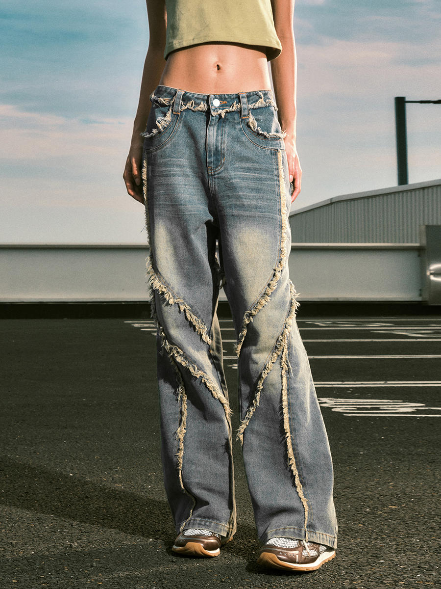 Retro Cotton Blend Jeans for Men and Women in Washed Blue and Black